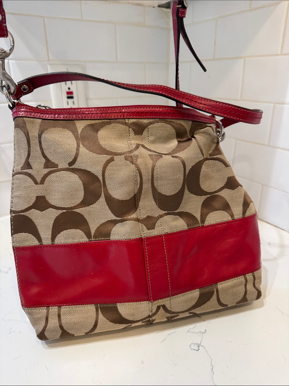 Coach Tan Signature Canvas Shoulder Bag with Red Leather Accent